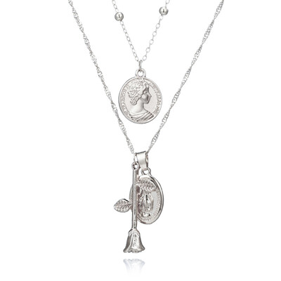 

Vintage Gold Rose Flower Mary Pendant Multilayers Necklaces Clavicle Chain For Women Girl Floral Layered Necklace Bohemia Jewelry
