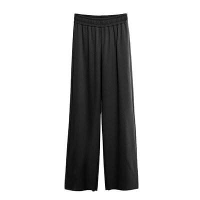 

Fashion Women Wide Legs Pants Loose Plus Size Ribbed Elastic High Waist Solid Straight Casual Trousers