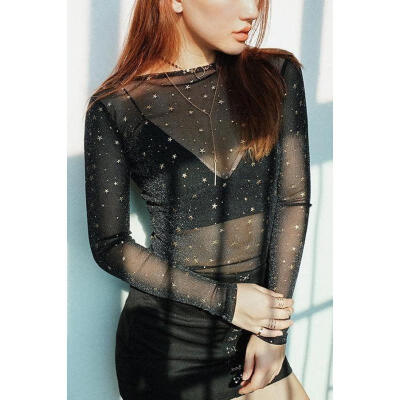 

Sexy Women See through Sheer Mesh Long Sleeve Slim T Shirt Tee Tops Blouse