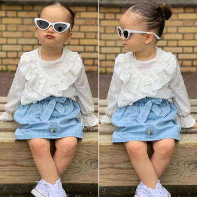 

Toddler Kids Baby Girl Clothes Long Sleeve Ruffle TopsDenim Dress Outfits Set