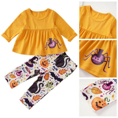 

US Halloween Kid Baby Girl Clothes Pumpkin Long Sleeve Tops Floral Pants Outfit