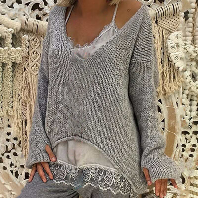 

Women Casual Baggy Soft Sweater V-neck Pullover Long Sleeve Knitwear Bat Tops