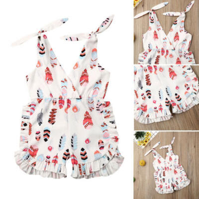 

Toddler Kids Baby Girls Clothes Feather Print Rompers Jumpsuits Playsuit Outfits
