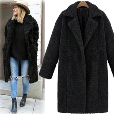 

Roseonmyhand Women Winter Solid Lapel Long Sleeve Plush Pocket Jacket Long Outwear Coat