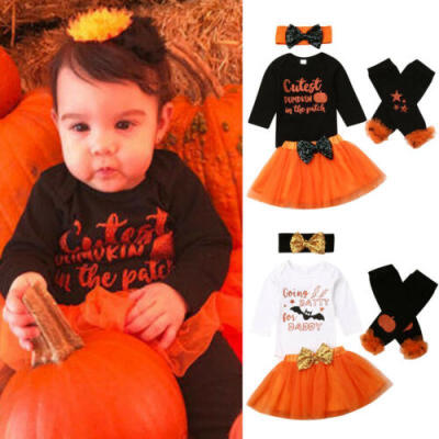 

US Newborn Baby Girl Clothes Cotton Romper Top Skirt Socks 4Pcs Halloween Outfit