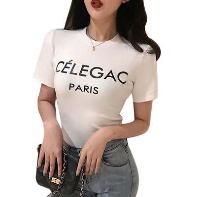 

Korean Cosy Summer T shirt Woman Spring O Neck Cotton Blend T-Shirt Letter Print Short Sleeve Slim Tshirt Women harajuku