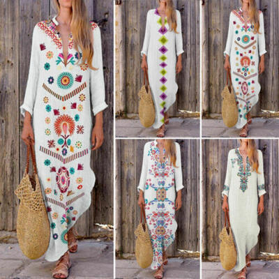 

Women V Neck Kaftan Long Sleeve Loose Beach Holiday Evening Maxi Long Dress