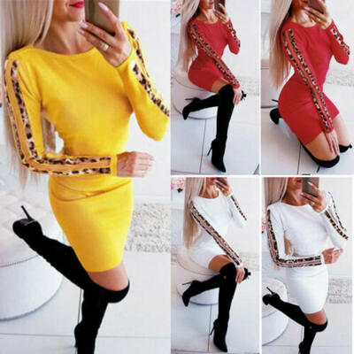 

Womens Long Sleeve Bodycon Mini Dress Round Neck Slim Fit Party Cocktail Dresses