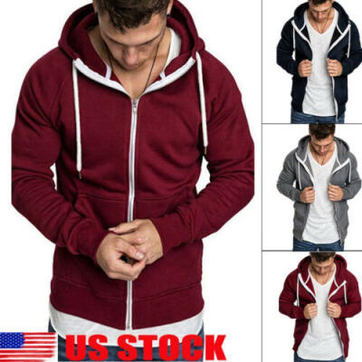 

US Mens Zip Up Hoodie Pullover Jacket Basic Plain Casual Hoody Coat Tops -3XL