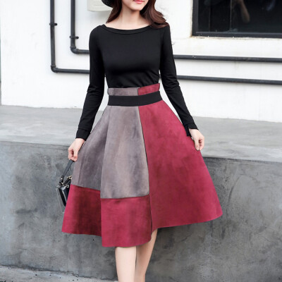 

Tailored Women Casual O-Neck Long Sleeve Shirt Color Matching Big Swing Zipper Skirt Suit