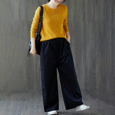 

2019 Women Elastic Waist Casual Solid Wide Leg Trousers Cotton Loose Pants Plus