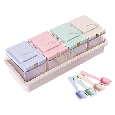 

4 Grid Plastic Wheat Straw Flip Drawer Type Spice Jar Seasoning Storage Box