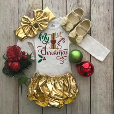 

Newborn Baby GirlMy 1st Christmas"Romper Ruffle Shorts Headband Outfits Set