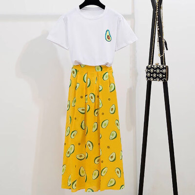 

Women Round Neck Short SleeveT Shirt High Waist Midi Skirt Set