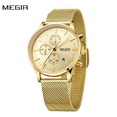 

MEGIR High-end Steel Mesh Watchband Business Man Wristwatch Excellent Quartz Watch With Calendar&Sub-dial