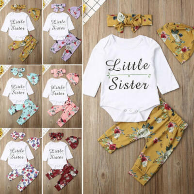 

Newborn Baby Girl Kid Tops Romper Pants Headband Outfits Floral Set Clothes 4PCS