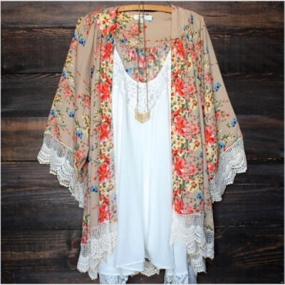 

Fashion Women Swimwear Cardigan Kaftan Floral Lace Kimono Cover Up Beach Dress