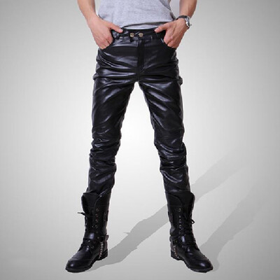

Gobestart Mens New Fashion Autumn Winter Moto Biker Slim Fit Leather Long Pants