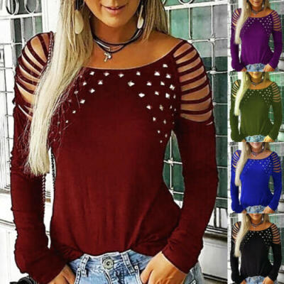 

Sexy Fashion Women Long Sleeve Off Shoulder Tops Casual T Shirt Sequined Blouse