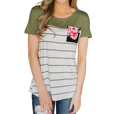 

Nomeni Women Floral Stripe Printing Pocket T-Shirt Short Sleeve Tops Blouse BKL