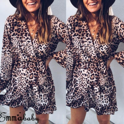 

Women Long Sleeve Leopard Print Mini Dress Autumn Party Club Wear T-Shirt Dress