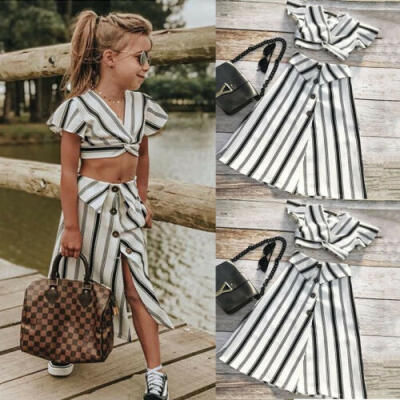 

Striped Kids Baby Girls Party Dress Crop Tops A-lined Skirt Sundress Outfit Set