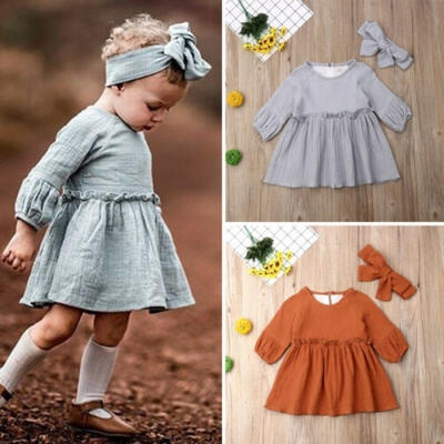 

1-4Years Toddler Baby Kids Girls Clothes Long Sleeve Dress Sundress Cotton Linen Dresses