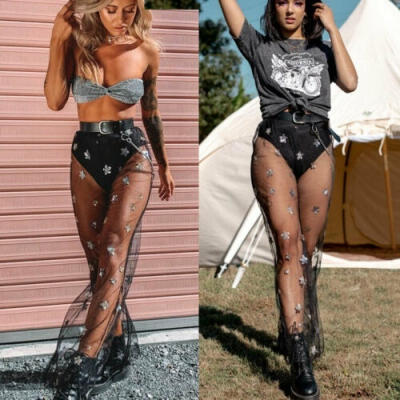 

Women Sheer Mesh Flared Trousers Holiday Shiny Star High Waist See Through Beach Bikini Cover Up Pants