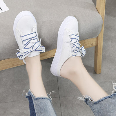 

INS Half Slippers Women Wear Summer Canvas Fashion Lazy Flat Bottom Heel-Free Baotou Half Shoes