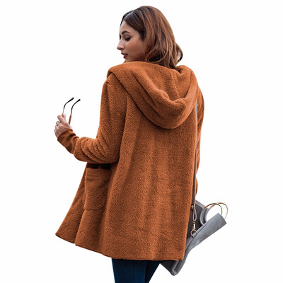 

New Autumn Winter Faux Fur Teddy Bear Coat Women Fashion Open Stitch Hooded Coat Female Long Sleeve Fuzzy Caots