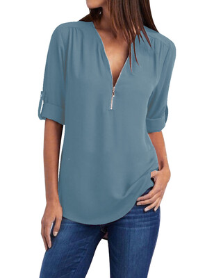 

Women Tops Casual Street Half Sleeve V-Neck Blouse Loose Plus Size Zipper Chiffon Blouse Shirts