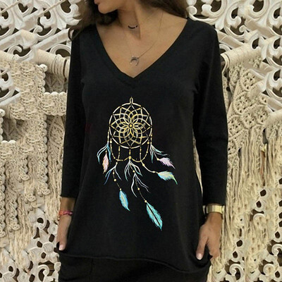 

Women V Neck Dreamcatcher Printed T-Shirts Casual Loose Autumn Long Sleeve Wild Blouses