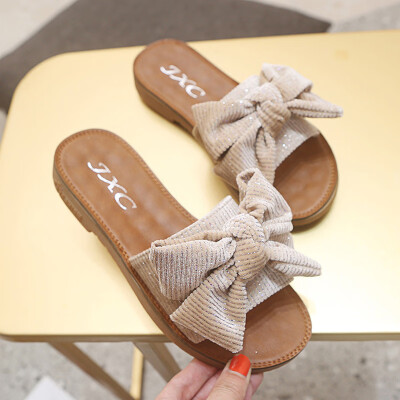 

Bow slippers women summer wear 2019 fashion flat bottom drag the Korean version of non-slip pregnant women slippers women