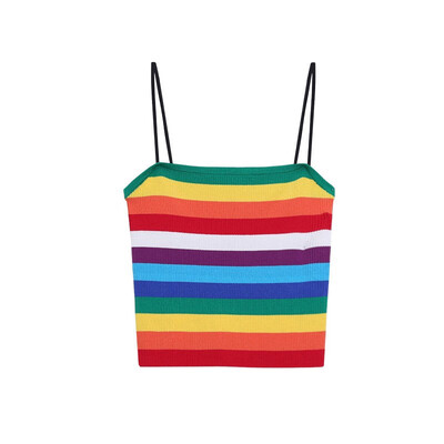 

Rainbow Striped Contrast Vest Thin Strapless Vest Knitted Strap Bottom Vest