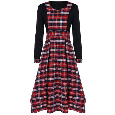 

Scottish Plaid Patch Design Long Sleeve Vintage Dress