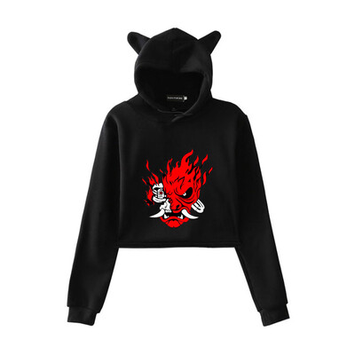 

Devil Pattern Print Long Sleeve Women Cute Cat Ears Cropped Hoodies Hooded Sweatshirt Pullover Crop Tops