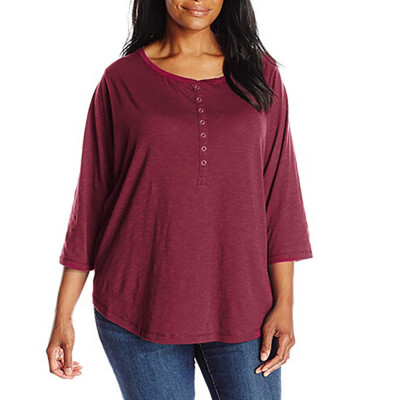 

Roseonmyhand Fashion Women Plus Size Solid Casual O-Neck 34 Sleeve Botton Shirt Blouse Tops