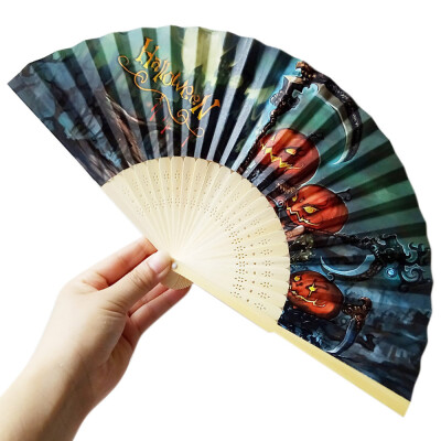 

〖Follure〗Halloween Pumpkin skull spider witch Hand Carved Bamboo Folding Fan Style Wooden