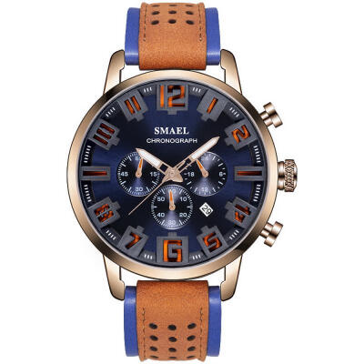 

SMAEL 9077 Fashion Quartz Watch Casual Waterproof Wristwatch With Leather Strap Male Calendar Watches