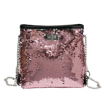 

Women Twist Lock Shiny Sequined Square Crossbody Shoulder Bag with Chain Strap