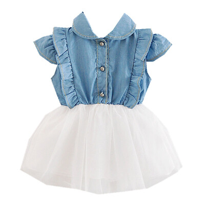 

Girl\s Denim Gauze Patchwork Turn Down Collar Dress