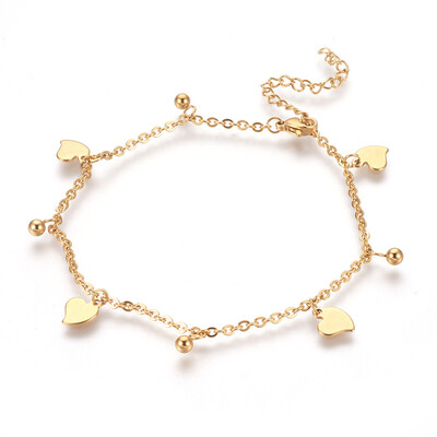 

304 Stainless Steel Charm Anklets Heart&Round Golden 9-14"235cm 2mm