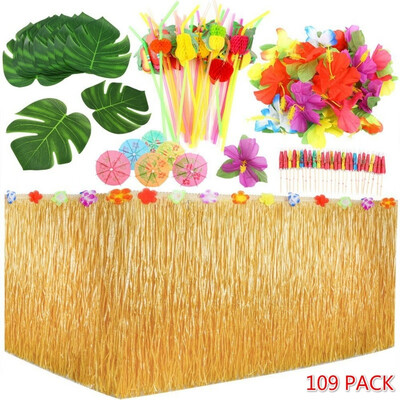 

109PCS Tropical Party Decoration Set with 9 Feet Hawaiian Table Skirt