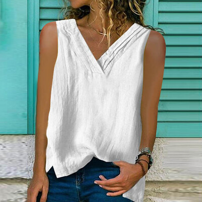 

Summer Womens Large V-neck Sleeveless Plain T-shirt Casual Loose Vest Tops