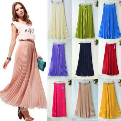 

US Ladies Chiffon Pleated Double Layer Skirt Women Long High Waist Maxi Sundress