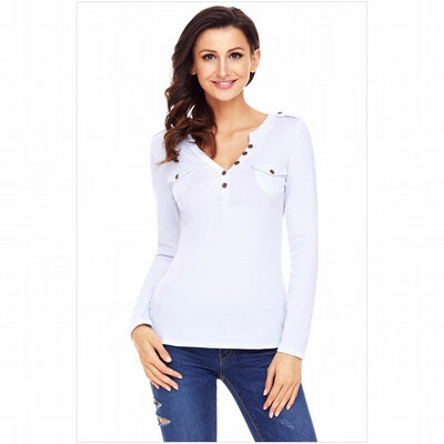 

Solid color V-neck long-sleeved side pockets multi-button casual smock