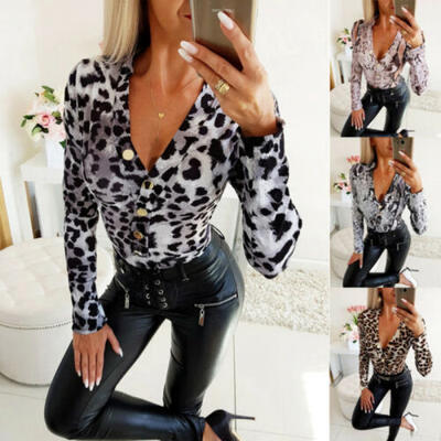 

Women Lady Long Sleeve Bodysuit V Neck Tops Slim Fit Button Down Blouse Bodycon