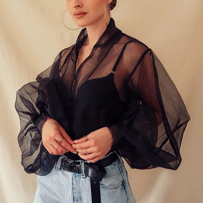

Fashion Women Mesh Sheer Puff Sleeve Top Long Sleeve Casual Sexy T Shirts Blouse