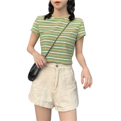 

Summer Womens Style Elegant Design Casual O Neck Striped Short Sleeve Stretch Pullover Crop Top T-Shirt