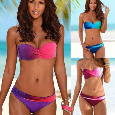 

Women Gradient Bikini Set Padded Push Up Bandeau Off Shoulder Swimsuit Triangle Swimwear Beachwear